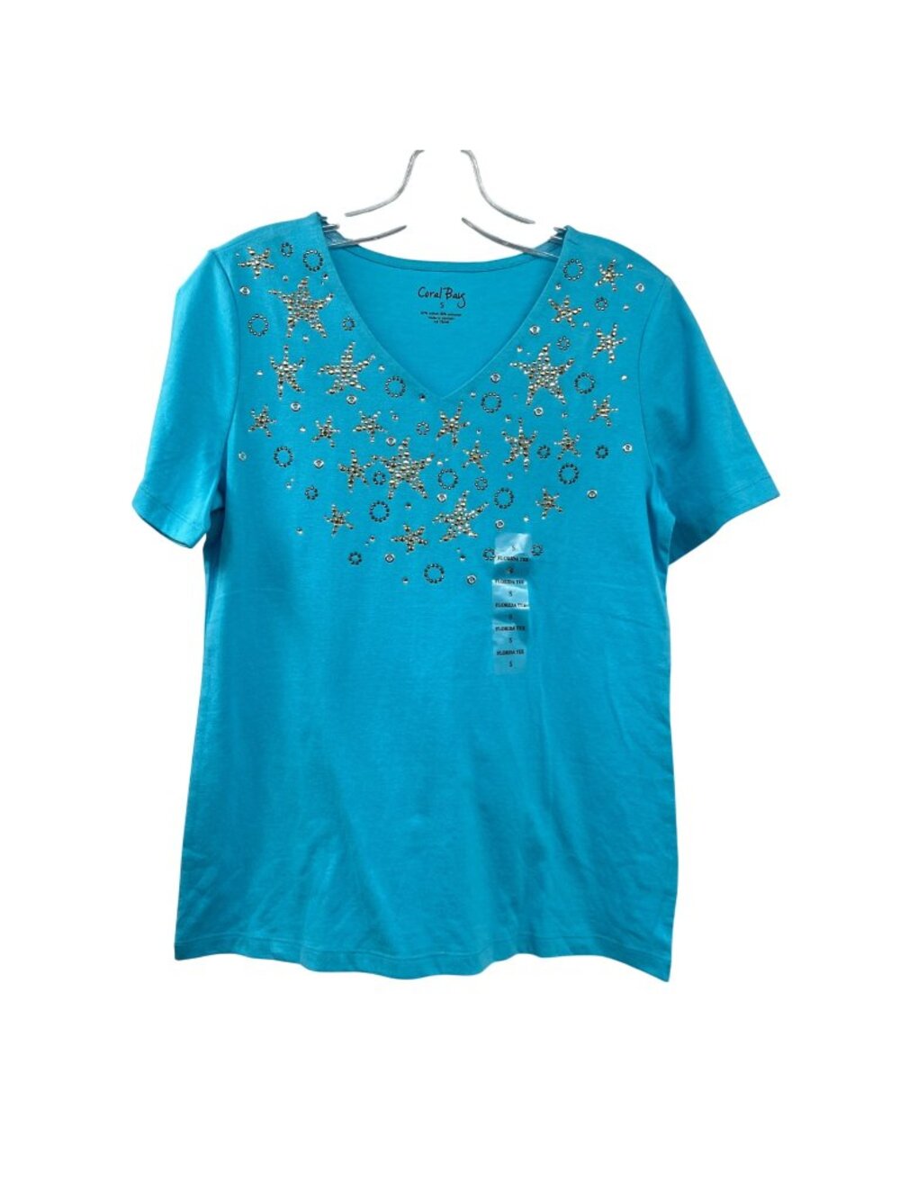 Coral Bay Womens Studded Florida Tee Short Sleeve Turquoise Size Small New